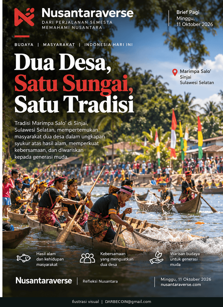 Ilustrasi tradisi Marimpa Salo di sungai Sinjai dengan perahu kayu serta masyarakat, berjudul Dua Desa, Satu Sungai, Satu Tradisi.