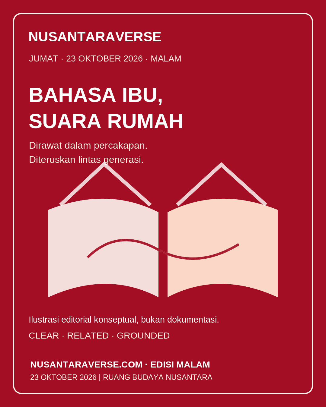 Ilustrasi editorial Nusantaraverse merah-putih dengan buku terbuka, rumah abstrak, dan gelombang percakapan tentang bahasa ibu, bukan dokumentasi kongres.