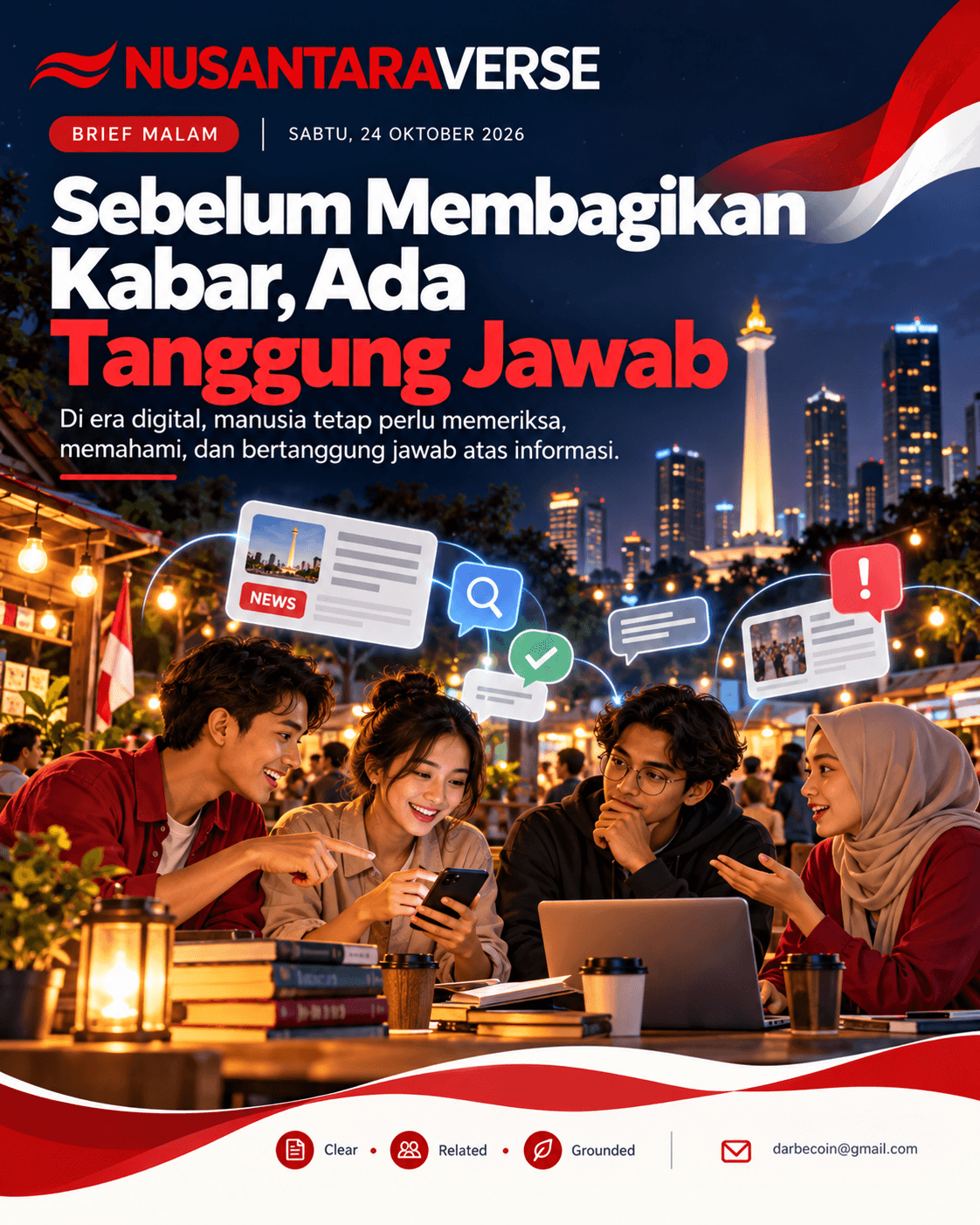 Ilustrasi editorial AI Nusantaraverse kelompok anak muda Indonesia belajar memeriksa informasi digital dengan ponsel dan buku pada malam hari, bukan foto peristiwa.