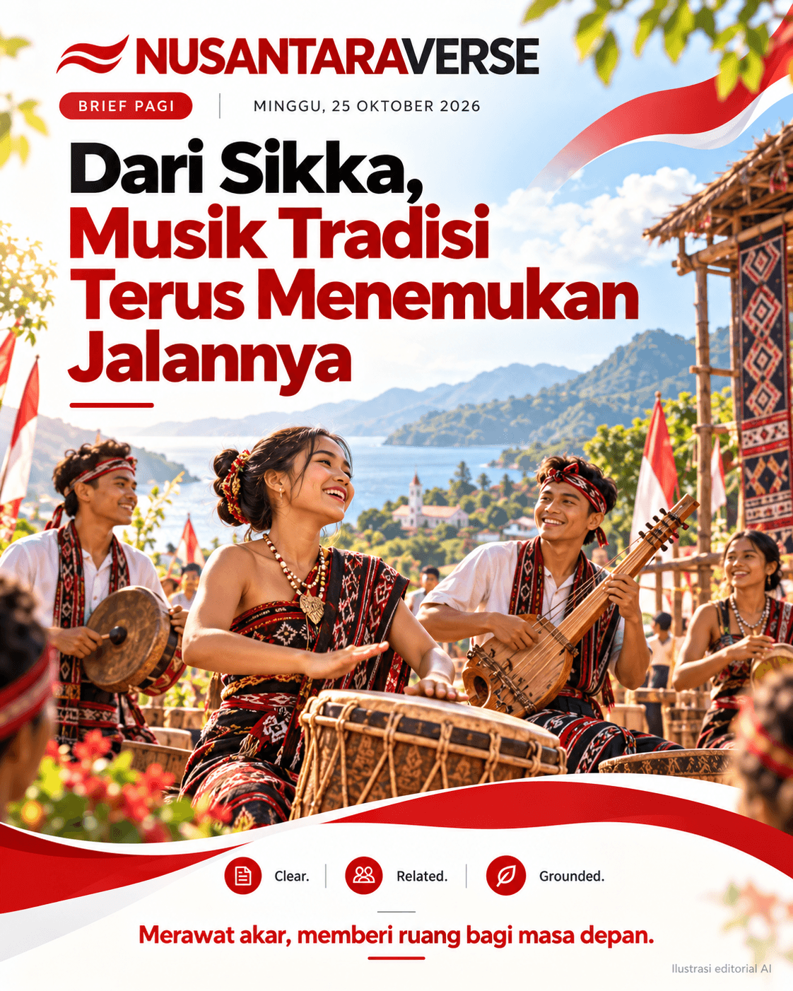 Ilustrasi editorial AI bernuansa merah putih, generasi muda bermain musik tradisi dalam suasana pesisir Sikka, bukan foto festival atau dokumentasi peristiwa.