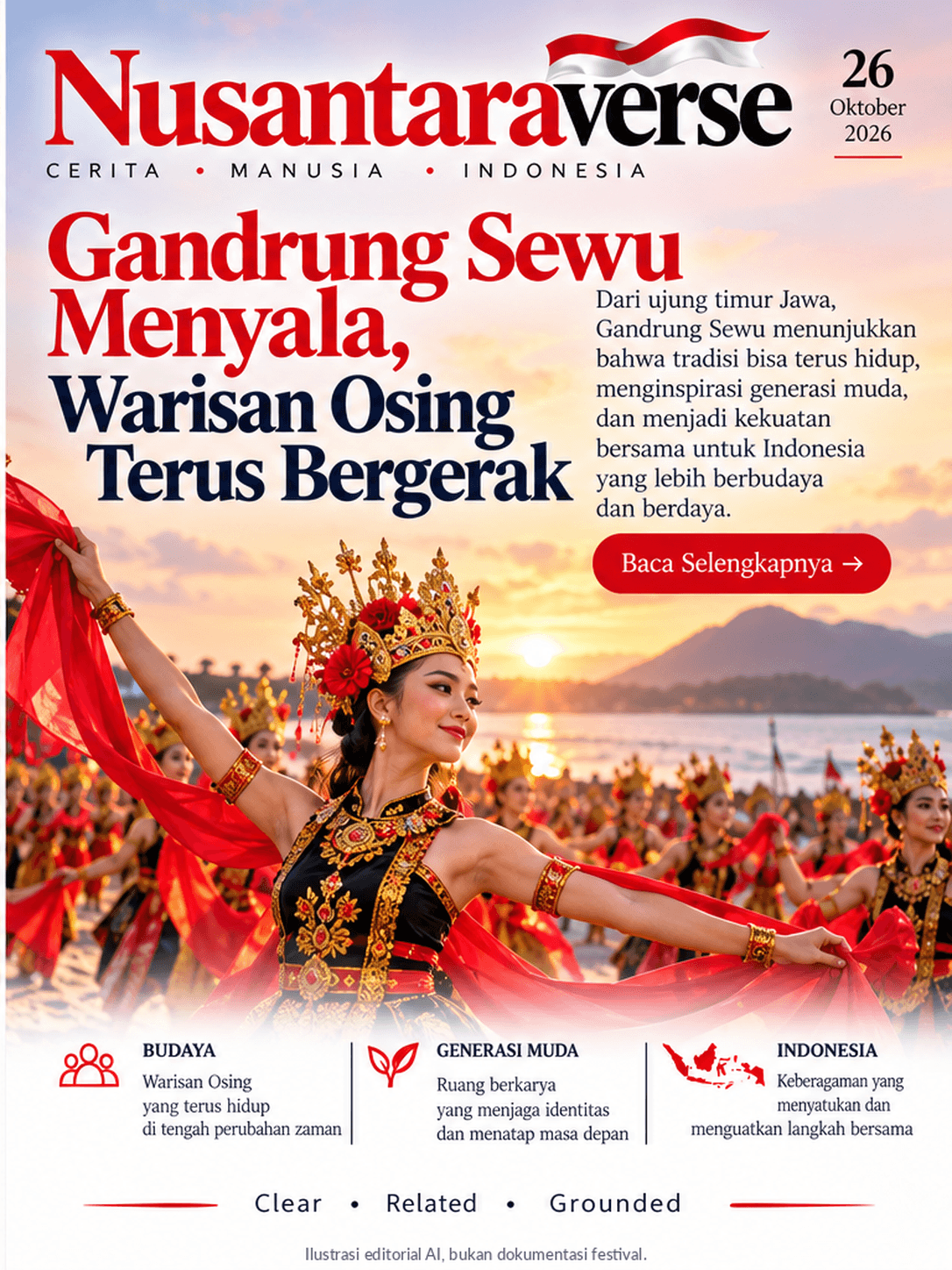 Ilustrasi editorial AI berwarna merah-putih tentang penari Gandrung dan tradisi Osing Banyuwangi, bukan dokumentasi Gandrung Sewu 2026.