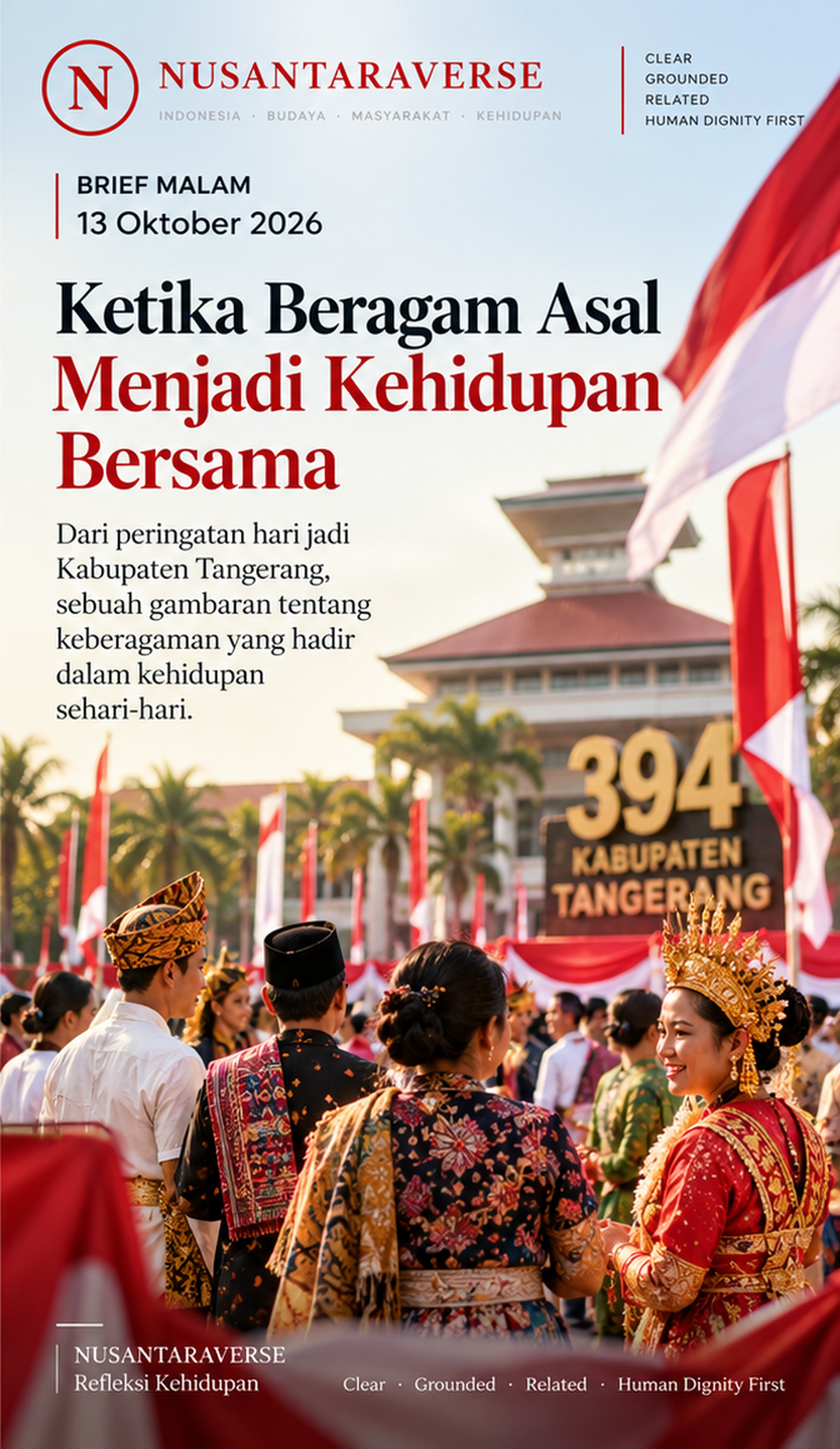 Ilustrasi AI keragaman pakaian adat dan kebersamaan masyarakat dalam suasana perayaan, bukan foto upacara sebenarnya.
