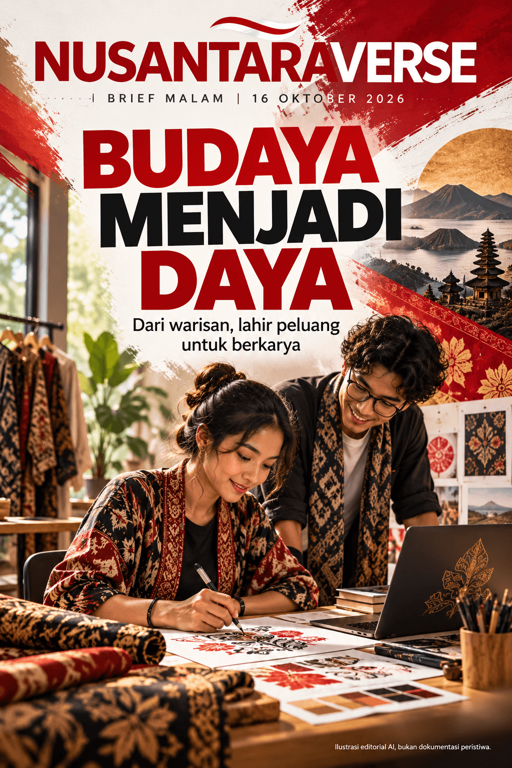Ilustrasi editorial AI NUSANTARAVERSE: Budaya Menjadi Daya, 16 Oktober 2026