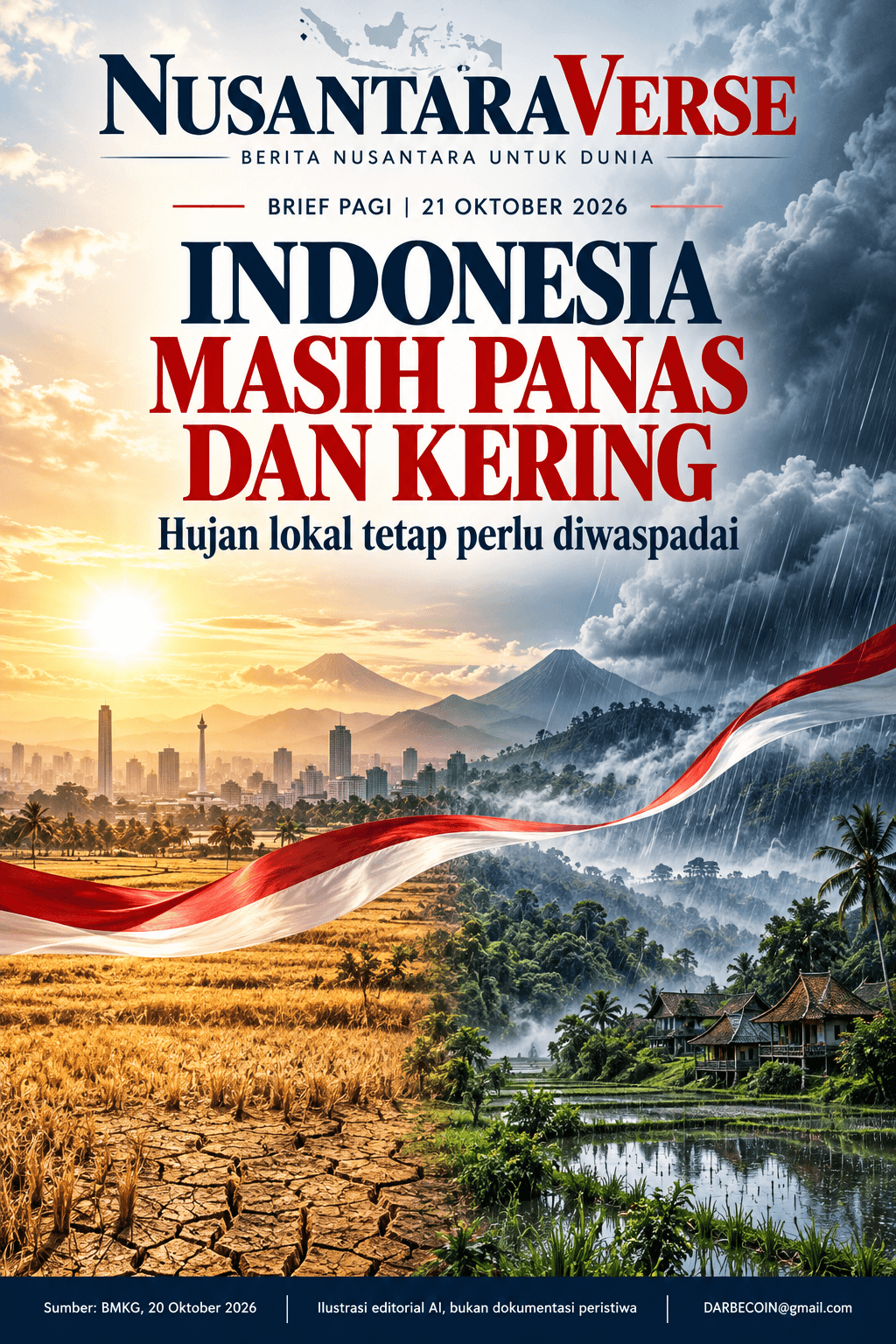 Ilustrasi editorial AI cuaca panas dan peluang hujan lokal di Indonesia, bukan foto dokumentasi peristiwa