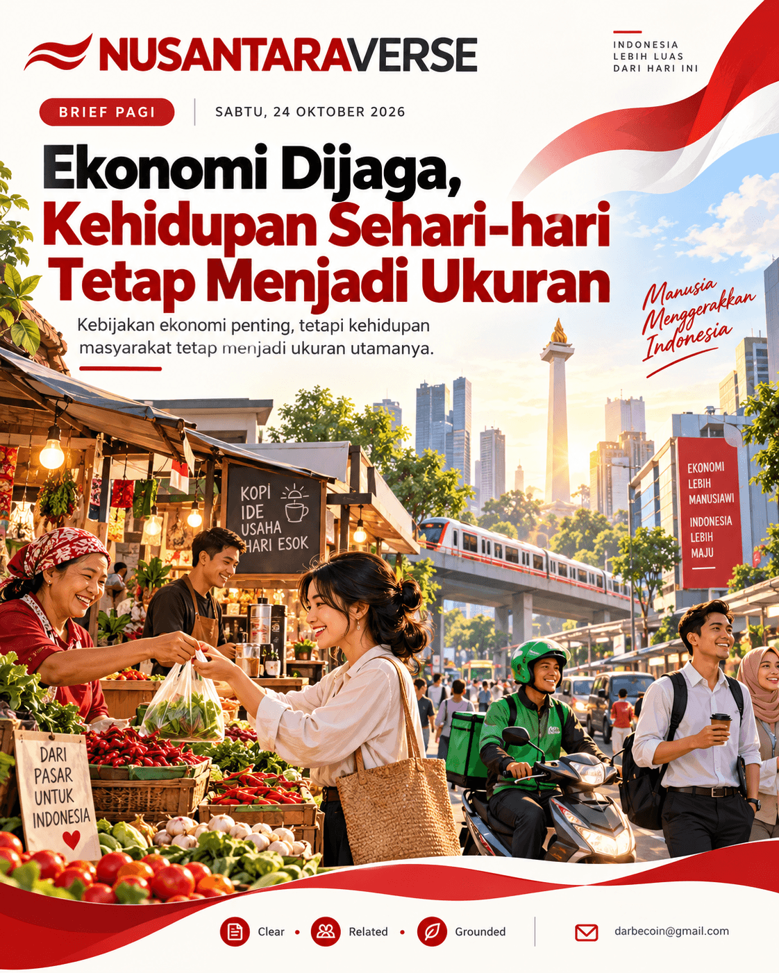 Ilustrasi editorial AI Nusantaraverse suasana pasar dan pelaku usaha Indonesia di pagi hari bernuansa merah putih, bukan foto peristiwa.